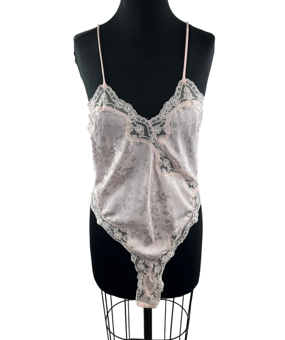 VINTAGE Voe Mode Pink Teddy Bodysuit Lace Sweetheart Spaghetti Strap Medium M
